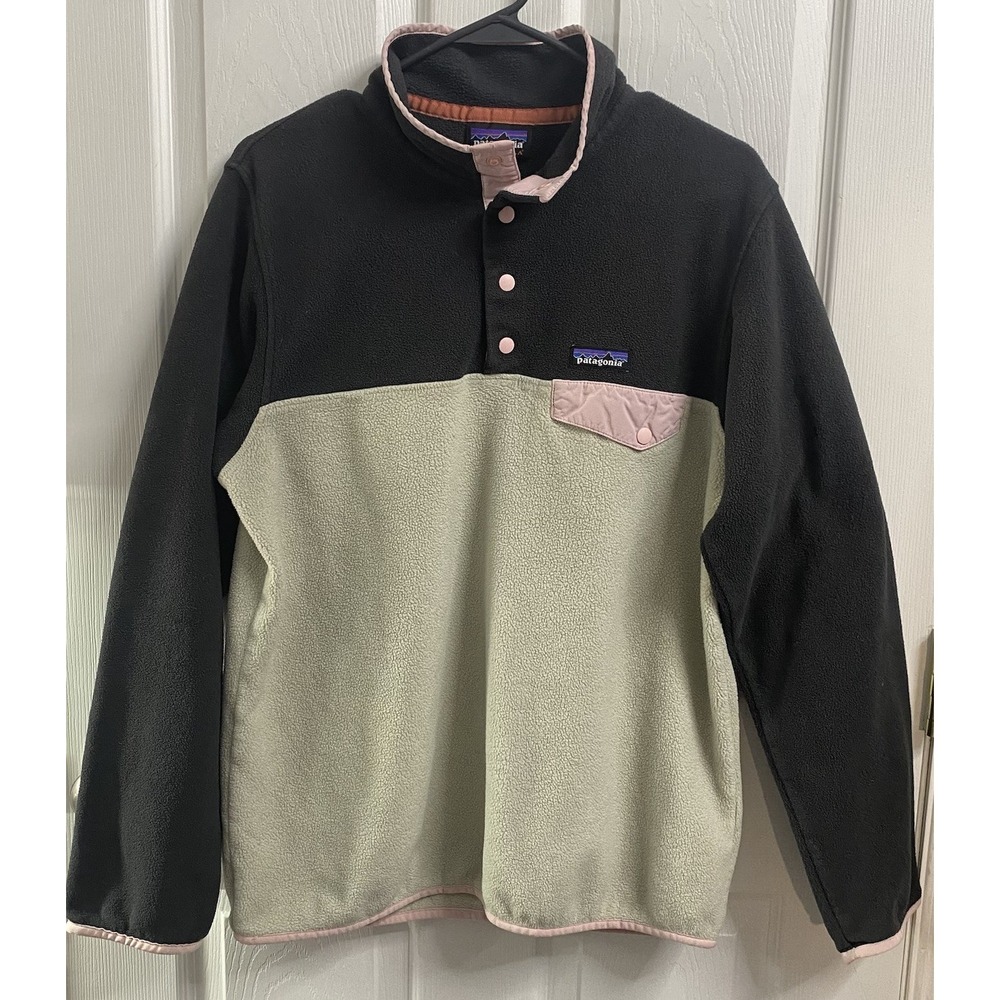 Patagonia Synchilla Women 1/4 Snap-T Fleece Pullover Snap Pocket Charcoal/Pink L